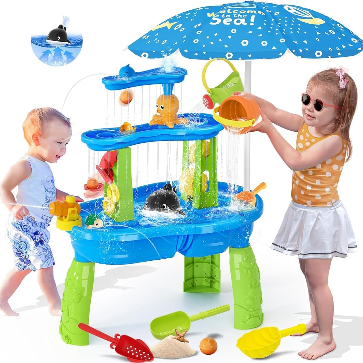 Table de Jeux de Sable et d’Eau avec Parasol et Pompe Électrique